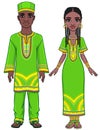 Animation portrait of the African family in bright ethnic clothes. Full growth. Royalty Free Stock Photo