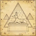 Animation portrait: Ancient Egyptian god Anubis in the form of a lying dog protects pyramids, valley of the kings. Royalty Free Stock Photo