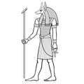 Animation portrait: Ancient Egyptian god Anubis holds a staff and an anch cross. Royalty Free Stock Photo
