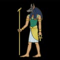 Animation portrait: Ancient Egyptian god Anubis holds a staff and an anch cross. Full growth. Royalty Free Stock Photo