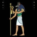 Animation portrait: Ancient Egyptian god Anubis  holds symbols of the power. God of death and afterworld. Royalty Free Stock Photo