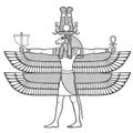 Animation portrait: Ancient Egyptian god Khnum with the head of a ram and many wings holds magical symbols.