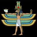 Animation portrait: Ancient Egyptian god Khnum with the head of a ram and many wings holds magical symbols.