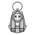 Animation portrait Ancient Egyptian goddess with head of Lioness, disk of sun.