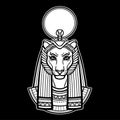 Animation portrait Ancient Egyptian goddess with head of Lioness, disk of sun.