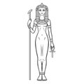 Animation portrait Ancient Egyptian Goddess  holds symbols of power: staff and cross. Royalty Free Stock Photo