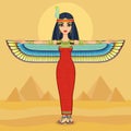 Animation portrait of ancient Egyptian goddess Maat in a wig with a bird wings. Full growth.