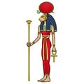 Animation portrait Ancient Egyptian goddess Sehmet Tefnut holds symbols of power: staff and cross. Sacred woman Lioness.