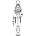 Animation portrait Ancient Egyptian goddess Sehmet Tefnut holds symbols of power: staff and cross.