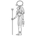 Animation portrait Ancient Egyptian goddess Sehmet Tefnut holds symbols of power: staff and cross.