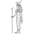 Animation portrait Ancient Egyptian goddess Selket holds symbols of power: staff and cross. Lord of the scorpions and the dead.