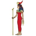 Animation portrait Ancient Egyptian goddess Selket holds symbols of power: staff and cross. Lord of the scorpions and the dead.