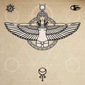 Animation portrait of the ancient Egyptian winged goddess. Space symbols. Sacred geometry. Vector illustration.