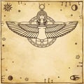 Animation portrait of the ancient Egyptian winged goddess. Space symbols. Royalty Free Stock Photo