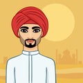 Animation portrait of the Arab man with a beard in a traditional turban on a desert background.