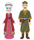 Animation portrait of Asian family in a national hat and clothes. Man warrior and Amazon woman.Animation portrait of Asian fam