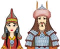 Animation portrait of Asian family in a national hat and clothes. Man warrior and Amazon woman.