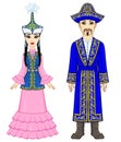 Animation portrait of Asian family in a national hat and clothes. Man warrior and Amazon woman.Animation portrait of Asian fam