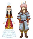 Animation portrait of Asian family in a national hat and clothes. Man warrior and Amazon woman.Animation portrait of Asian fam