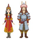 Animation portrait of Asian family in a national hat and clothes. Man warrior and Amazon woman.