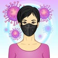 Animation portrait of Asian woman in black medical face mask.