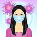 Animation portrait of Asian woman in white medical face mask.