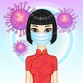 Animation portrait of Asian woman in white medical face mask.