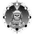 Animation portrait of the astronaut skeleton in a space suit. Background - the star sky, phases of the moon.