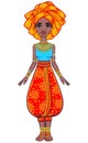 Animation portrait of the attractive African girl in a turban. Bright ethnic clothes.