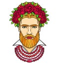 Animation portrait of the bearded man in beads and a wreath of roses. Mix men`s and feminine.