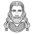 Animation portrait of the bearded man with long hair in an beads.