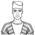 Animation portrait of beautiful African man in a cap. Monochrome linear drawing