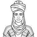 Animation portrait of beautiful African man in a turban. Monochrome linear drawing.