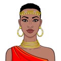 Animation portrait of the beautiful African woman in ancient clothes and jewelry.