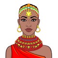 Animation portrait of the beautiful African woman in ancient clothes and jewelry. Royalty Free Stock Photo