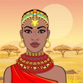 Animation portrait of the beautiful African woman in ancient clothes and jewelry.