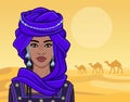 Animation portrait of the beautiful African woman in a turban and ancient clothes.
