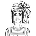 Animation portrait of the beautiful African woman in a turban, ancient clothes and jewelry.