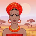 Animation portrait of the beautiful African woman in a turban. Savanna princess, Amazon, nomad.