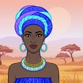 Animation portrait of the beautiful African woman in a turban. Savanna princess, Amazon, nomad.