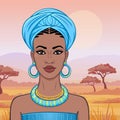 Animation portrait of the beautiful African woman in a turban. Savanna princess, Amazon, nomad.