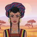 Animation portrait of the beautiful African woman in a turban. Savanna princess, Amazon, nomad.