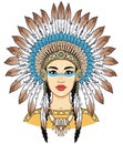 Animation portrait of a beautiful American Indian woman in ancient head dress