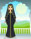 Animation portrait of the beautiful Arab girl standing against the background of a palace window.