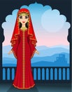 Animation portrait of the beautiful Arab girl standing against the background of a palace window. Royalty Free Stock Photo