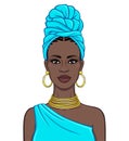 Animation portrait of the beautiful black woman in a blue turban and gold jewelry.