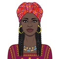 Animation portrait of the beautiful black woman in a bright turban and Afro-hair. Royalty Free Stock Photo