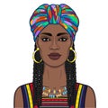 Animation portrait of the beautiful black woman in a bright turban and Afro-hair. Royalty Free Stock Photo