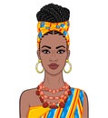 Animation portrait of the beautiful  black woman in a orange turban and ethnic jewelry. Royalty Free Stock Photo