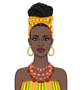 Animation portrait of the beautiful black woman in a orange turban and ethnic jewelry.
